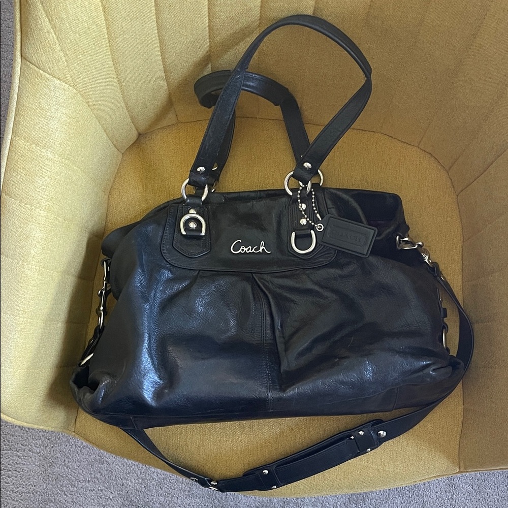 Coach Black Leather Shoulder Bag with Silver Accents